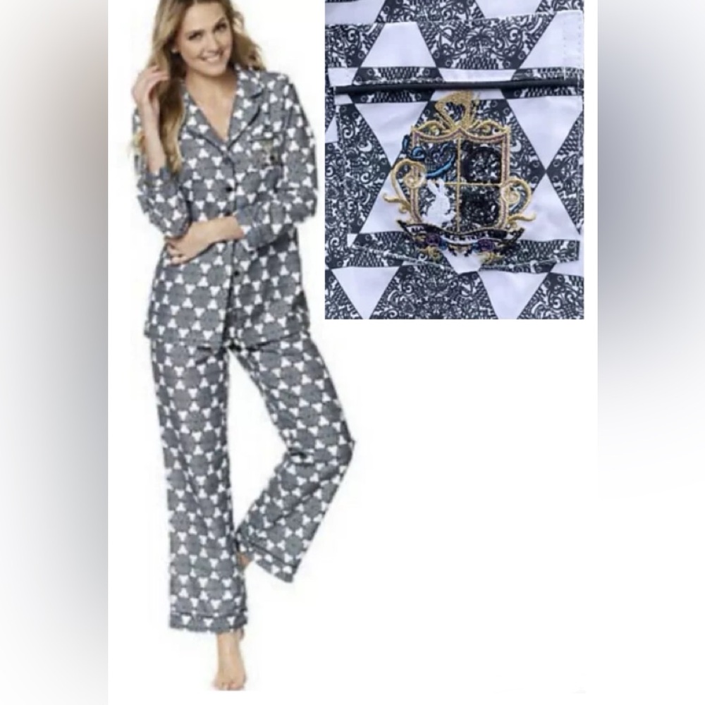 JEFFREY BANKS 2-PC Black White Crest PJs Pajama Top Bottoms Sleepwear Set Size S